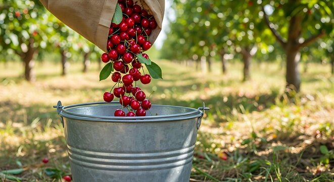 Person pouring cherries from bag into metal bucket in orchard