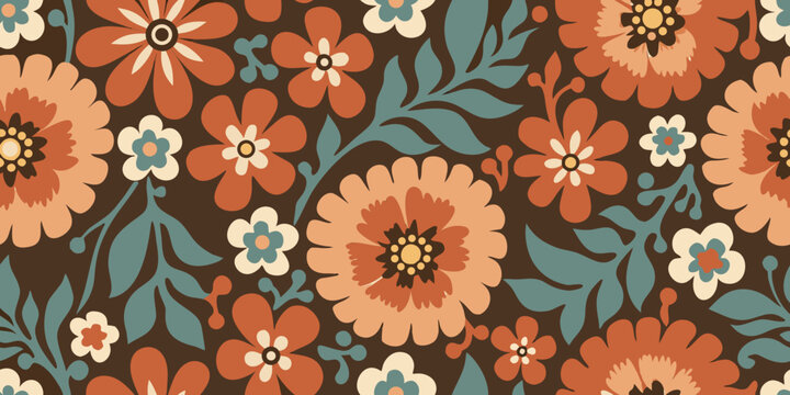 A seamless floral pattern with stylized orange teal and white blossoms