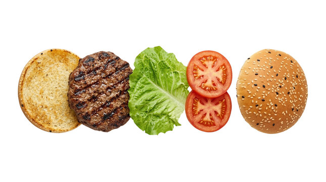 Deconstructed burger elements grilled beef patty, crisp lettuce, ripe tomato, and toasted sesame buns. Neatly arranged on white background, highlighting freshness