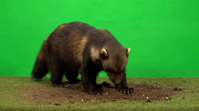 A robust wolverine actively digs into a patch of soil