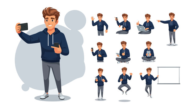 Digital Nomad in Action: A dynamic illustration presents a digital nomad in various poses, showcasing the versatility of modern work and lifestyle. From taking selfies to using a laptop.