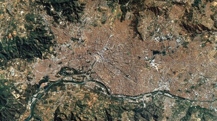 Obraz premium Aerial view of a sprawling city and surrounding agricultural landscape