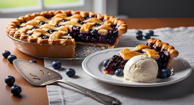 Delicious Homemade Blueberry Pie with Lattice Crust: A Slice Served with Vanilla Ice Cream on a Rustic Table