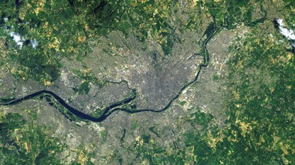 Aerial view of a sprawling city on a river surrounded by green agricultural land