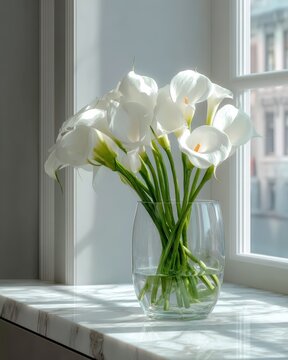 Elegant White Calla Lilies in Minimalist Glass Vase on Marble Table &ndash; Peaceful Modern Interior