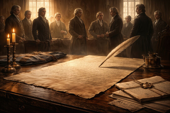 Declaration of Independence 1776 signing scene with quill on aged parchment colonial delegates powdered wigs American Revolution anniversary commemoration birth of a nation
