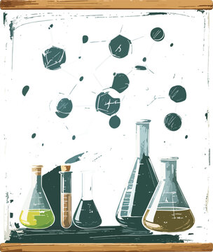 Realistic White Chalk Drawing Of Chemistry Formulas Beakers And Glassware On A Dusty Green Chalkboard In A Science Laboratory Setting For Academic Education And Scientific Research Concepts