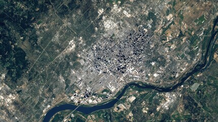 Aerial view of a sprawling urban area bisected by a wide river