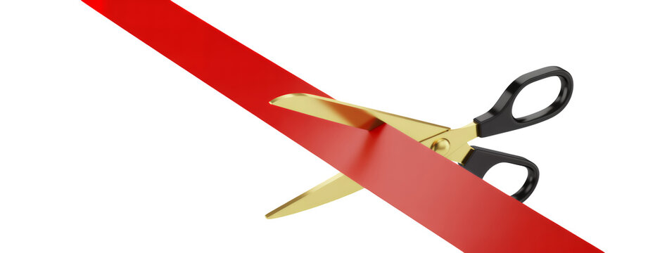 Scissors cutting red ribbon on black gold isolated on a transparent background