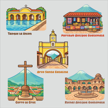 Antigua Landmarks Clipart Set santa catalina, tanque la unioin, cerro la cruz, convento capuchinas