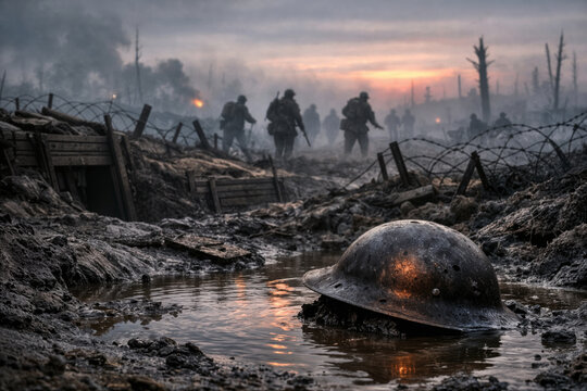 110th anniversary Battle of the Somme World War I trench battlefield dawn helmet in mud remembrance sacrifice 1916 memorial commemoration