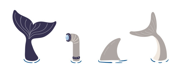 Obraz premium Whale tail, shark tail, fin, submarine periscope illustration isolated set. Marine life, coastal wildlife. Kids nautical print, design element, clip art collection. Hand drawn flat vector on white