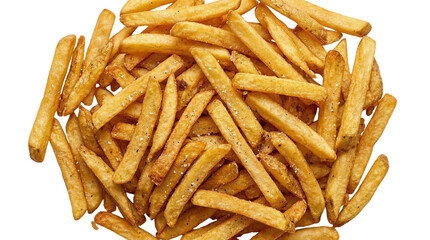 A top-down view of a pile of golden-brown French fries, seasoned with salt and pepper, perfect for...
