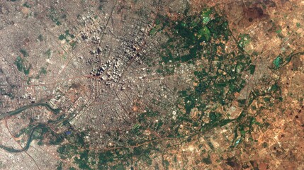 Naklejka premium Aerial view of dense urban sprawl and agricultural fields