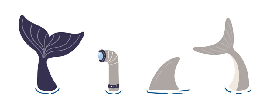 Whale tail, shark tail, fin, submarine periscope illustration isolated set. Marine life, coastal wildlife. Kids nautical print, design element, clip art collection. Hand drawn flat vector on white