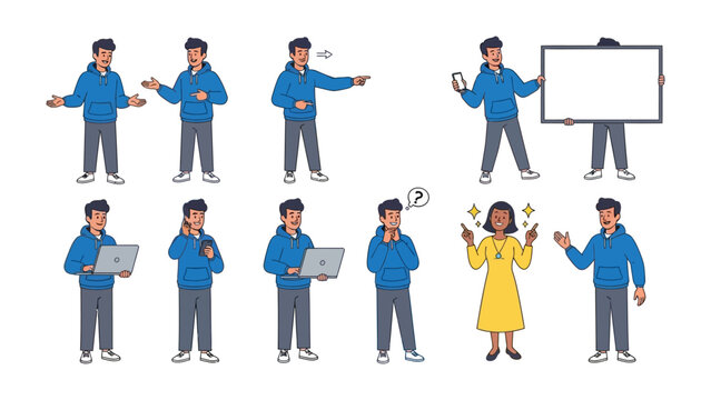 Human Expressions in Action: This illustration captures a collection of diverse figures in various poses and gestures. Expressing a wide spectrum of moods and actions, from thought to direction.