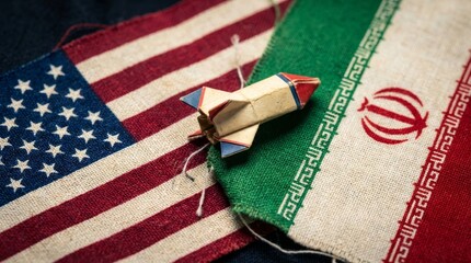 Fototapeta premium USA and Iran Flags with Missile Symbolizing Geopolitical Conflict and International Relations.