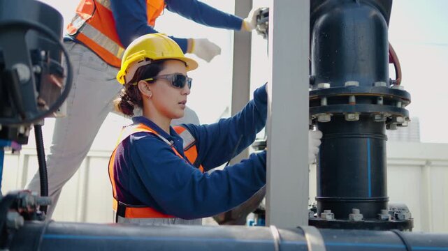 Dedicated female technician in protective gear inspecting and maintaining complex industrial piping systems at a factory facility alongside a coworker. High-quality professional labor concept.