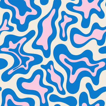 Abstract seamless pattern with flowing organic shapes in blue, pink and beige. Modern wavy design in retro style. Perfect for textile, wallpaper, packaging, fashion prints, wrapping paper.