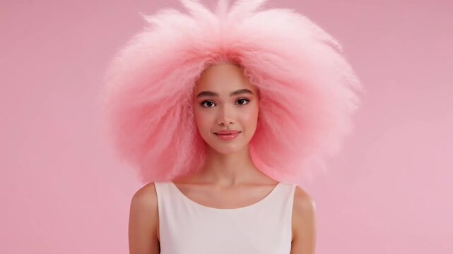 Young woman with voluminous pink afro hair smiles and tilts her head against a pink background. Stylish portrait footage suitable for hair care, fashion, or beauty industry.