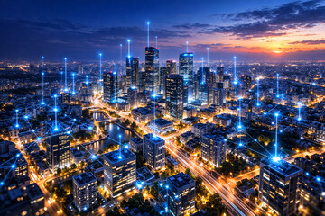 Obraz premium City skyline at sunset with digital connections and blue lights across buildings and streets