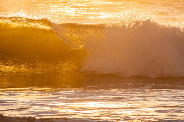 Naklejka premium Breaking wave crashing onto the shore during Golden Hour, with sunlight illuminating the water. The wave's crest is highlighted in warm shades of gold and amber, creating a striking contrast