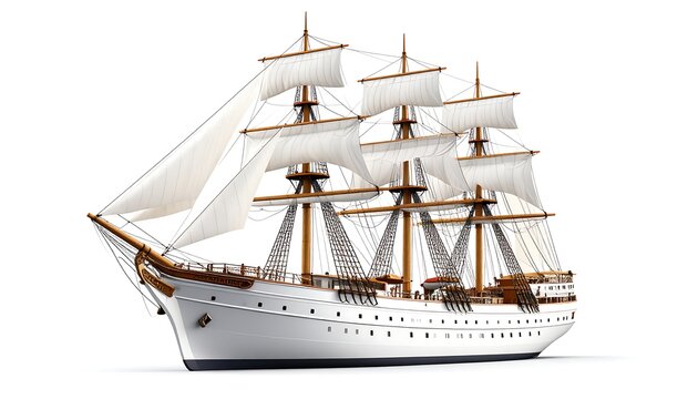 A three-masted sailing vessel, rendered realistically. White hull, sails billowing, depicted on a clean white backdrop