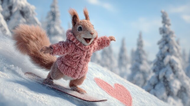 Grinning squirrel in red coat and mittens snowboarding down snowy hill