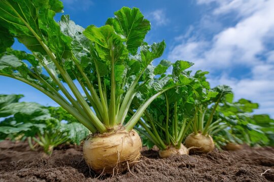 Sugar beets growing in the ground, against a blue sky. Green leaves vegetables and large white roots go into rich soil. Field of sugar beet plants, grow in rows. Crop development, farming efficiency