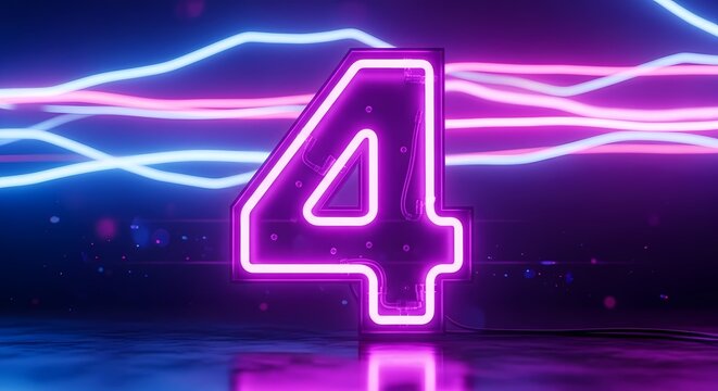 Glowing Neon Number 4: Vibrant Purple and Blue Electric Light Sign with Cyberpunk Aesthetic and Digital Energy Background