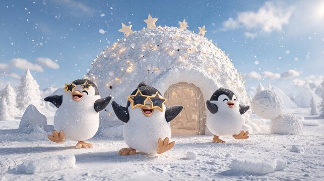 group of joyful penguins having a snowball fight near an igloo decorated with Christmas lights