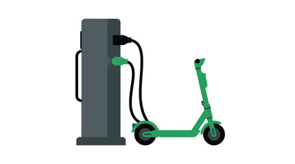 Naklejka premium Green electric scooter being charged at a public charging station