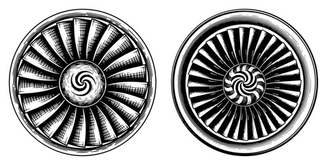 Detailed engraving style illustration of jet engine turbines and industrial fan blades © Tomas