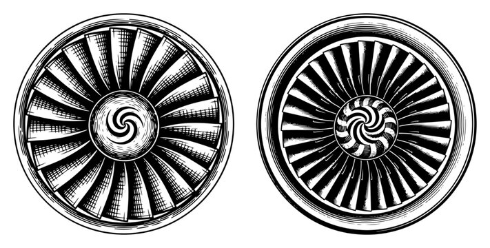 Detailed engraving style illustration of jet engine turbines and industrial fan blades