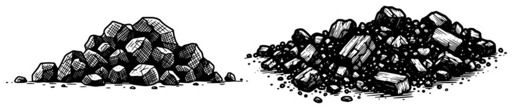 Vintage engraving style illustration of piles of coal rocks and mineral ore