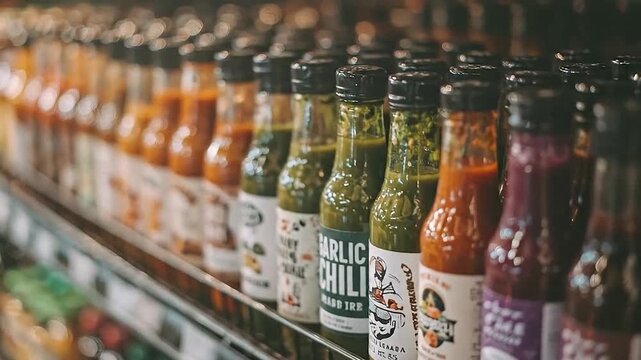 Rows of various sauce bottles neatly displayed on a supermarket shelf