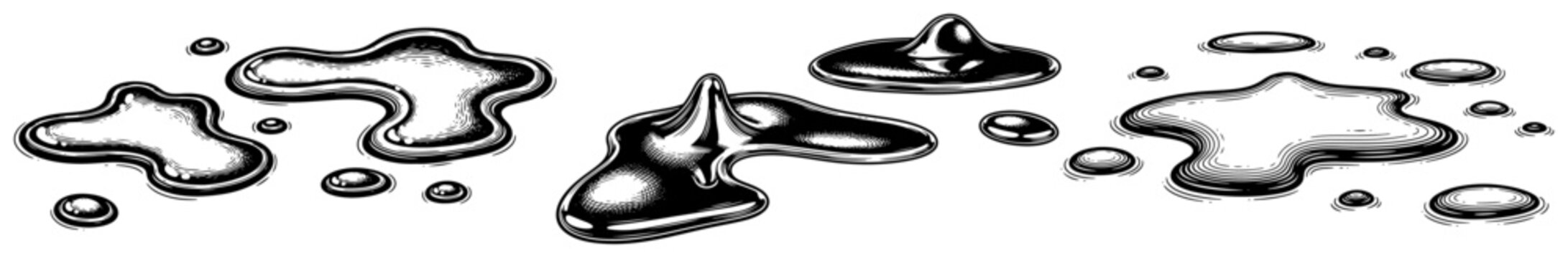 Shiny liquid puddles and metallic oil drops with reflections in vintage engraving style