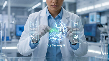 Scientist using artificial intelligence for drug discovery and molecular compound screening in pharmaceutical research laboratory