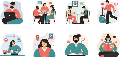 Diverse people engaged in work, learning, and fitness activities