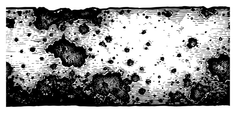 Detailed woodcut style texture of a corroded and pitted surface showing signs of decay