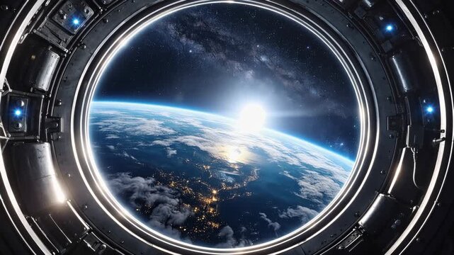 A Stunning View from Space: Exploring the Beauty of Earth Through an Astronaut's Window, Illuminated by the Glimmering Light of the Sun and Distant Stars