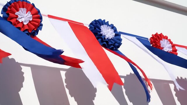 Red, White, and Blue Rosettes and Ribbons Decoration Hanging Outdoors