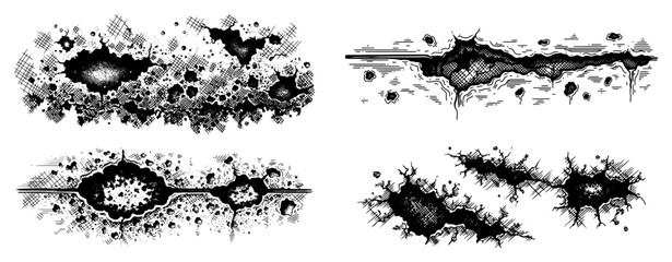 Collection of various impact craters and surface cracks with detailed stippling and line work © Tomas