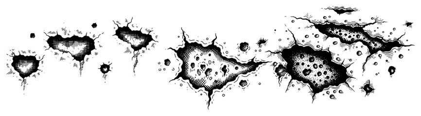 Horizontal row of detailed impact craters and pitted surface texture in pen and ink style © Tomas