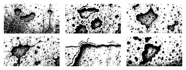 Set of six detailed surface texture panels featuring craters cracks and rocky terrain in ink style © Tomas