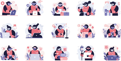Fototapeta premium Flat illustrations of people working, studying, or engaging in virtual reality