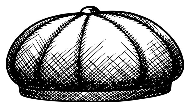 Classic vintage flat cap or newsboy hat hand drawn in detailed engraving style