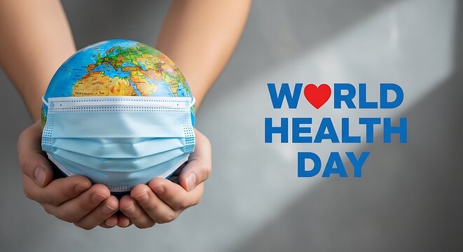Hands holding a globe wearing a medical face mask on world health day
