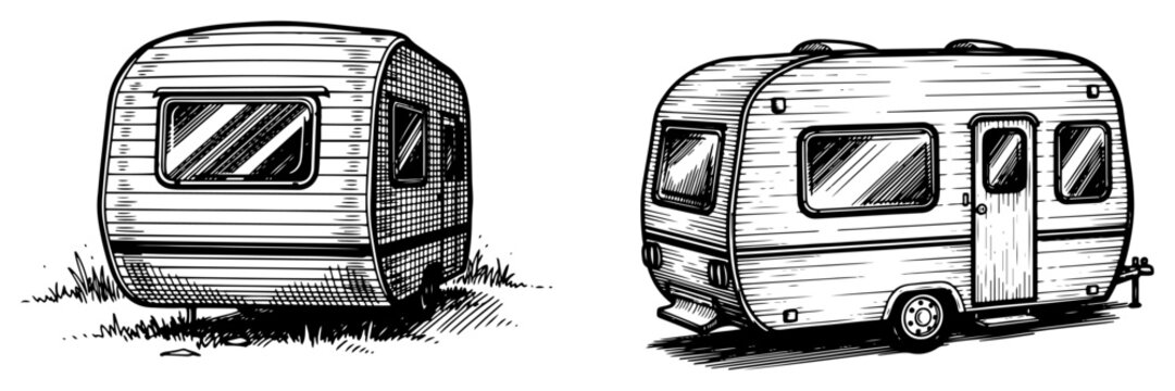 Vintage camper trailer illustration set in hand drawn ink sketch style