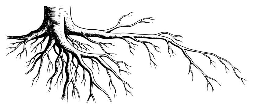 Detailed hand drawn illustration of spreading tree roots system